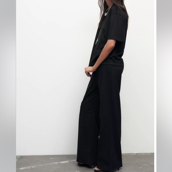 Zara NWT 2 piece matching SET black faux suede tee shirt & wide leg pants - Picture 7 of 15